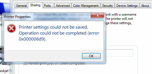 Sửa lỗi không chia sẻ được máy in bị lỗi Error 0x000006d9
